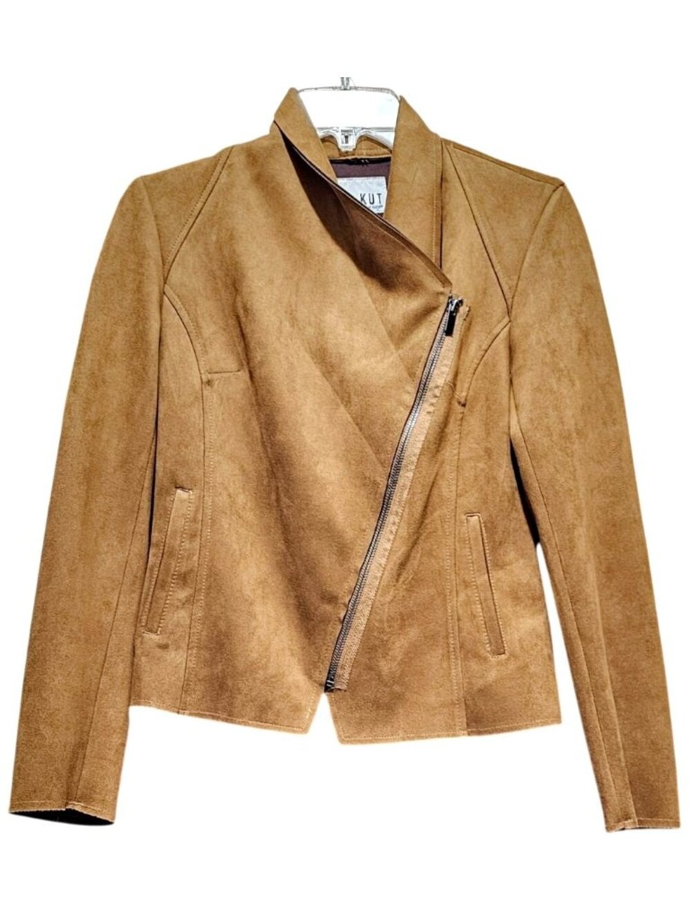 Kut From The Kloth Woman's Tan Faux Suede Moto Jacket XS Asymmetrical Zipper